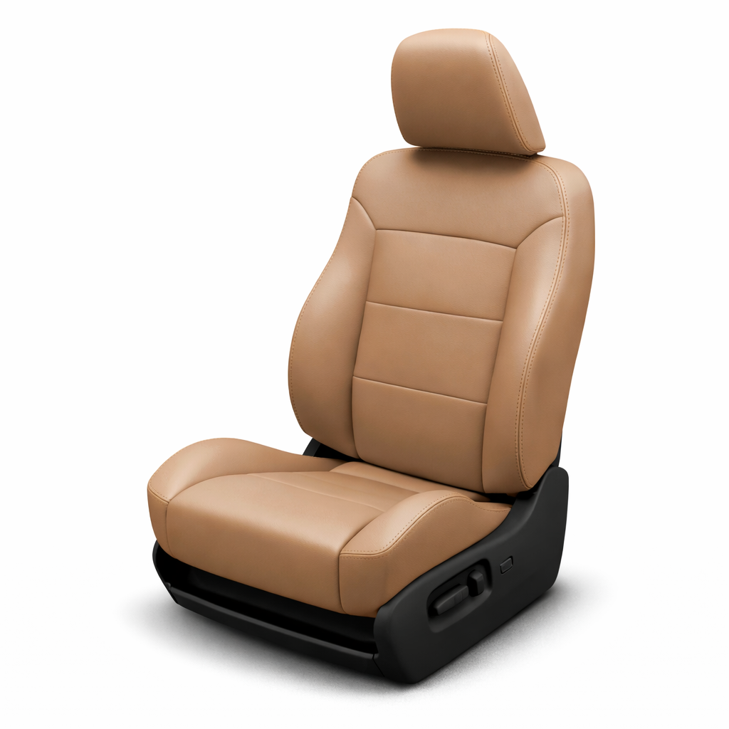 Tan car seat with black base on a white background