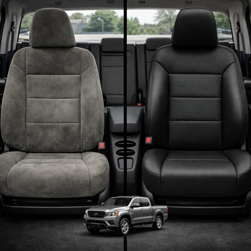 Before-and-after comparison of front seats, showing cloth seat upgraded to perforated leather upholstery.