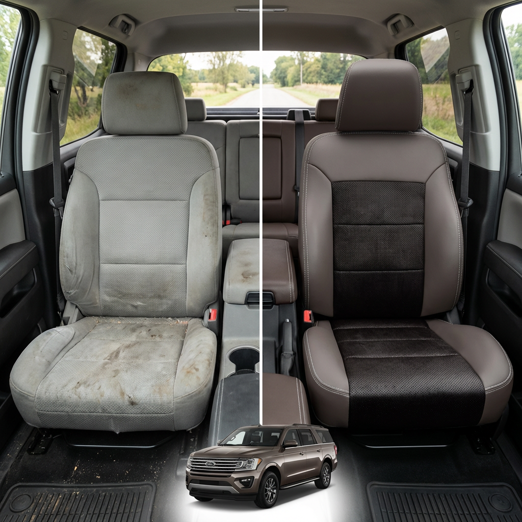  Before-and-after interior photo for a 1996–2000 Chrysler Town & Country Leatherteck Katzkin K3 kit (K3643-103): left side shows a worn, stained light-gray cloth front seat, while right side shows the upgraded seat with a light gray wrap, silver contrast stitching, and a black “raven” Suedezkin/perforated combo center insert on the backrest and cushion; a small SUV image appears at the bottom.