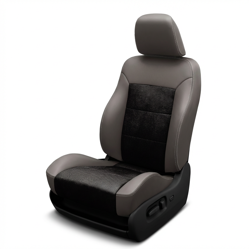 1996–2000 Chrysler Town & Country Leatherteck Katzkin K3 leather seat cover upholstery on a white background (K3643-10)3, featuring a light gray wrap with silver contrast stitching and a black “raven” Suedezkin/perforated combo center insert on the backrest and seat cushion.