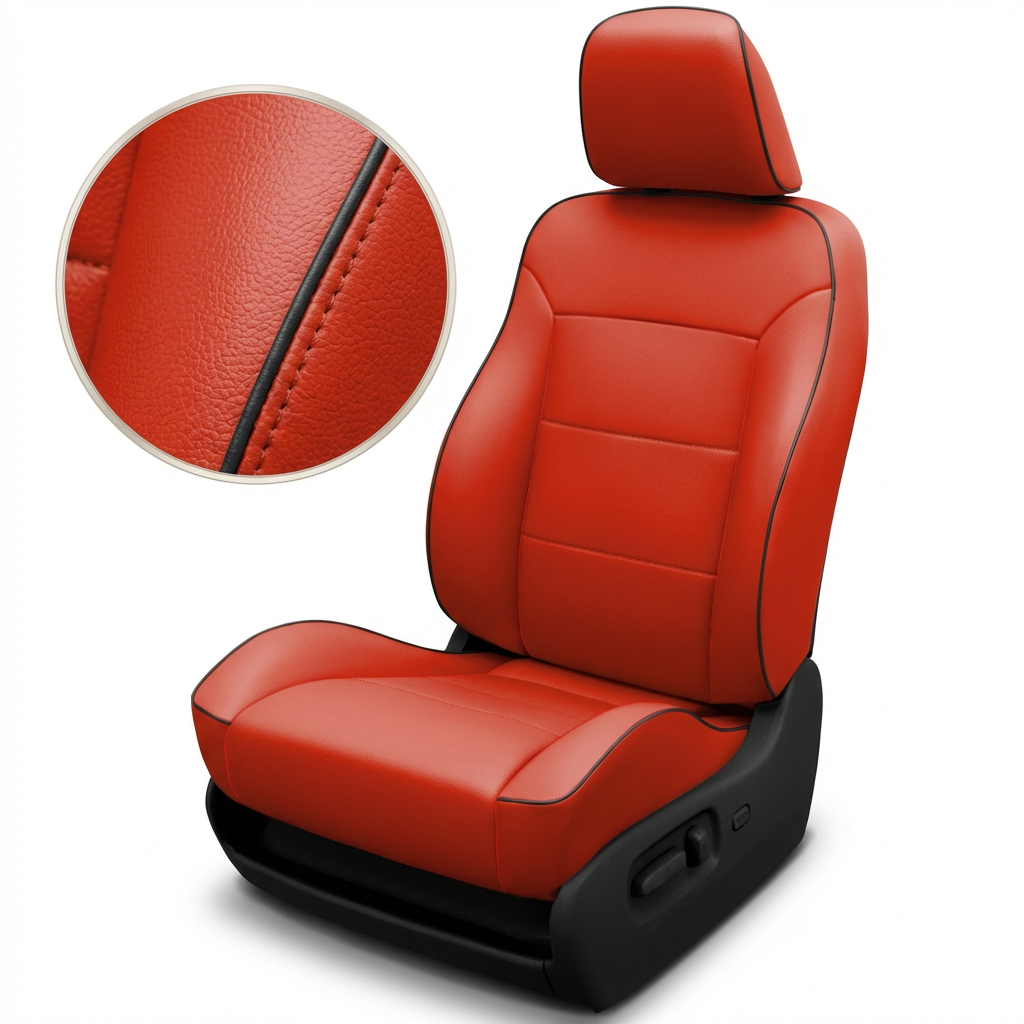 Close-up and full view of a 1996–2000 Chrysler Town & Country L2 Leatherteck Katzkin seat cover kit (L2323-100) on a white background, featuring salsa red leather with black piping around the bolsters and headrest; inset magnifies the red leather grain, stitching, and the black piping detail along a seam.