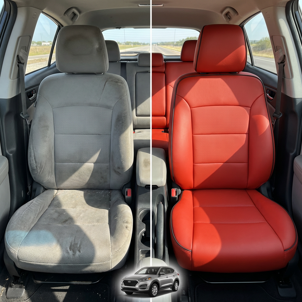 Before-and-after comparison of front seats, showing cloth seat upgraded to perforated leather upholstery.