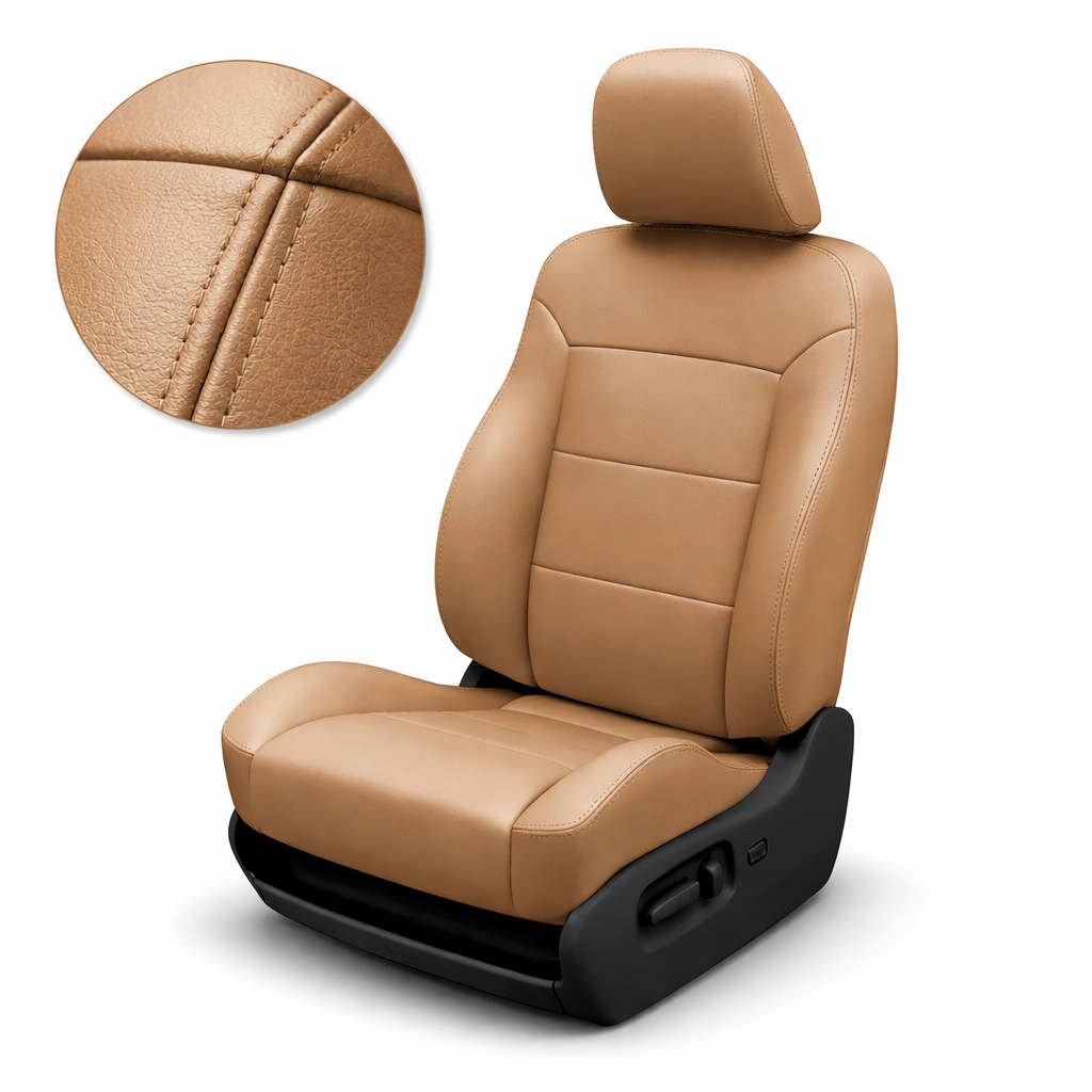 Tan leather car seat with close-up of stitching detail on a white background