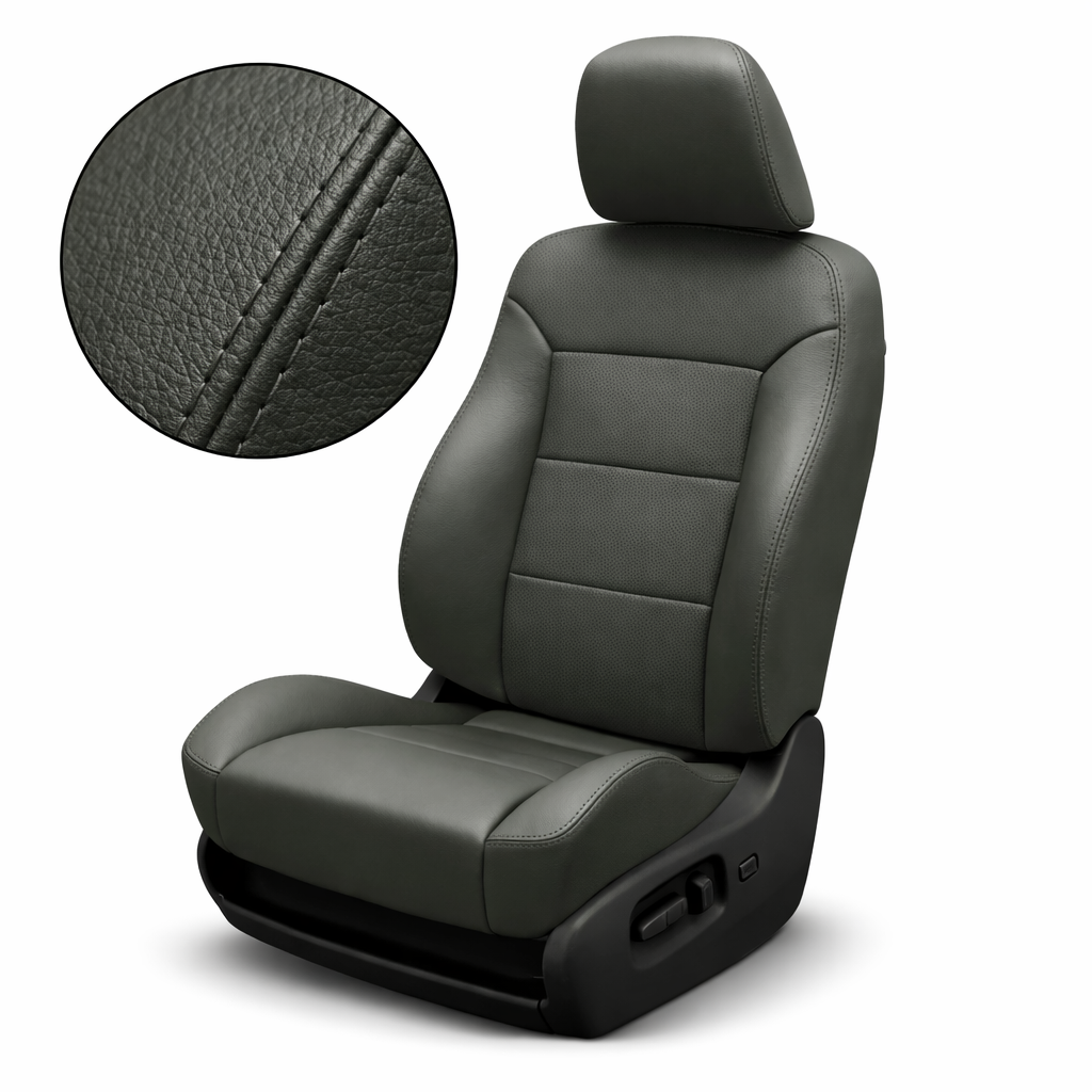 Gray car seat with detailed stitching on a white background
