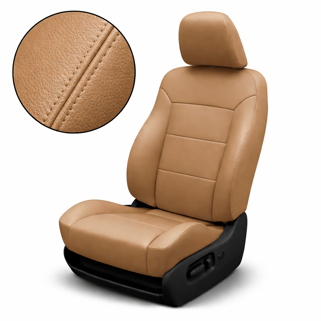 Brown leather car seat with close-up of texture on a white background