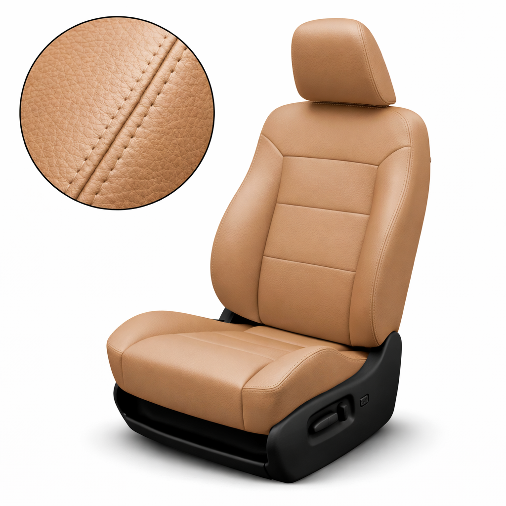 Brown leather car seat with close-up of stitching on a white background