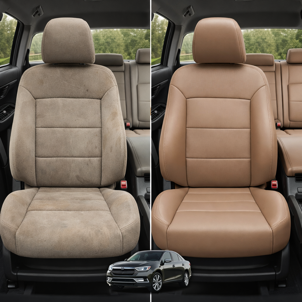 Before-and-after comparison of front seats, showing cloth seat upgraded to perforated leather upholstery.