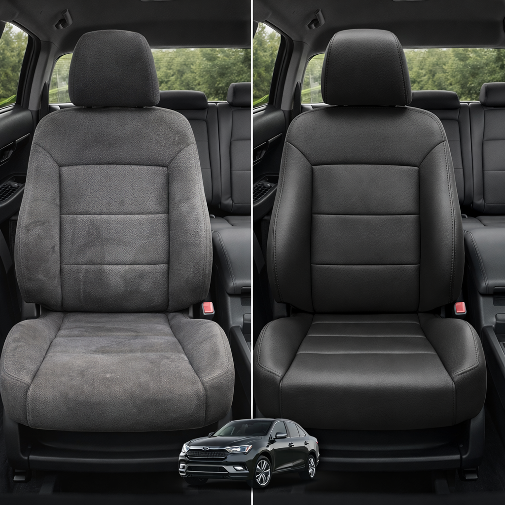 Before-and-after comparison of front seats, showing cloth seat upgraded to perforated leather upholstery.