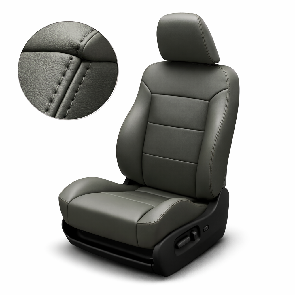 Gray car seat with close-up of stitching detail on a white background