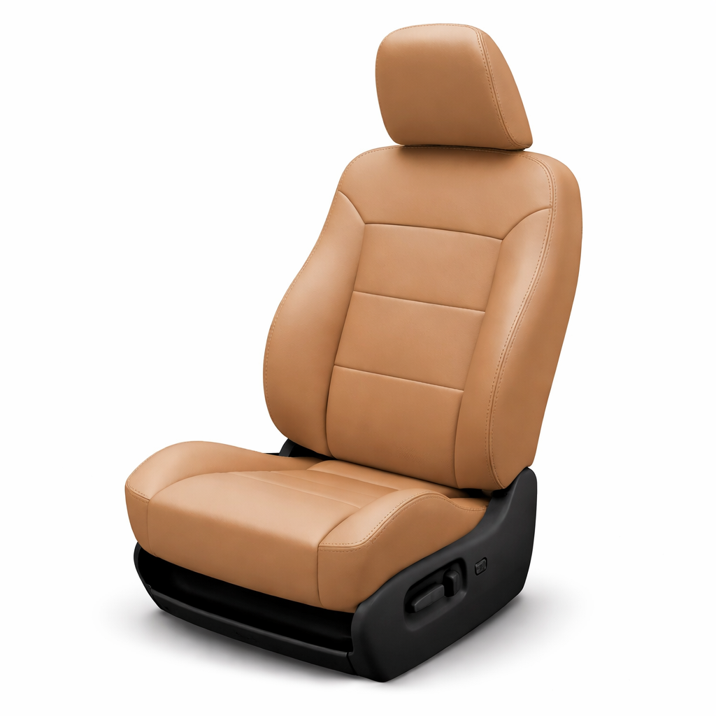 Tan car seat with black base on a white background
