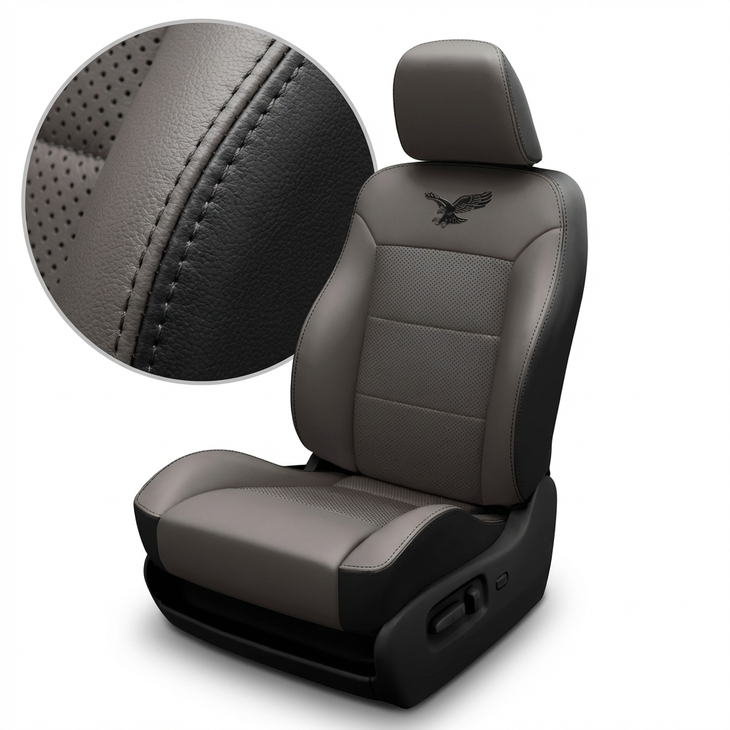  Close-up and full view of a 1998–2000 Chrysler Concorde K3 Leatherteck Katzkin seat cover kit (K3763-100) on a white background, featuring black bolsters with light grey facing panels and perforated light grey inserts, finished with black stitching; inset magnifies the leather grain, the seam with black thread, and the perforated insert pattern.