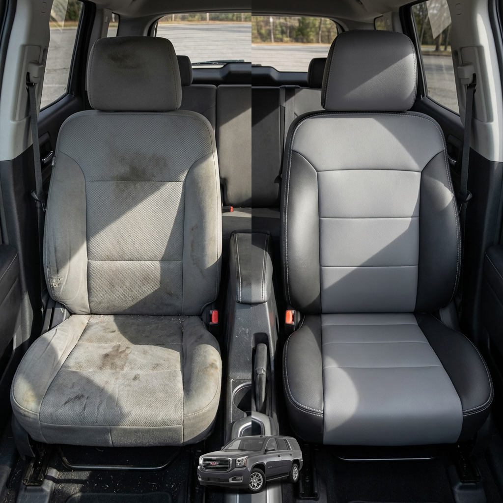 Before-and-after interior photo for a 1998–2000 Chrysler Concorde K3 Leatherteck Katzkin seat cover kit (K3761-100): left side shows a stained, worn gray cloth front seat, while right side shows the upgraded black leather bolsters with a lunar grey center insert and lunar grey stitching; a small vehicle image appears at the bottom.