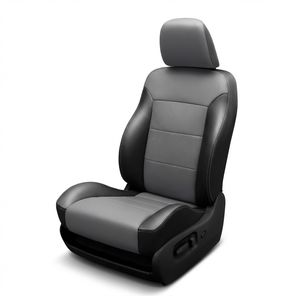 1998–2000 Chrysler Concorde K3 Leatherteck Katzkin leather seat cover upholstery kit (K3761-100) on a white background, featuring black leather bolsters with a lunar grey center insert on the backrest and seat, plus lunar grey stitching outlining the seams and panels.