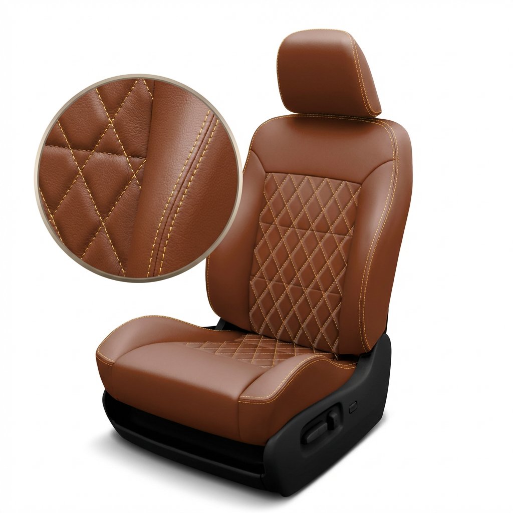 Close-up and full view of a 1998–2000 Chrysler Concorde K3 Leatherteck Katzkin seat cover kit (K3643-222) on a white background, featuring mahogany brown leather with single diamond quilting on the center insert and Mayan gold contrast stitching; inset magnifies the leather grain, diamond quilting, and gold stitching along a seam.