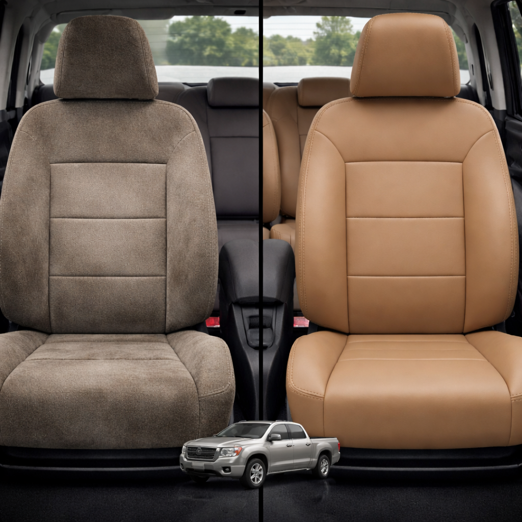 Before-and-after comparison of front seats, showing cloth seat upgraded to perforated leather upholstery.
