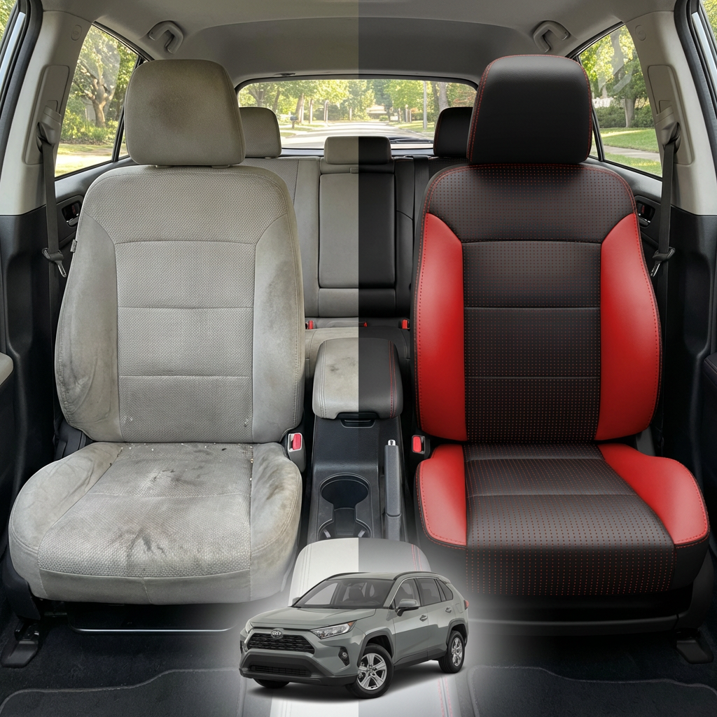 Before-and-after comparison of front seats, showing cloth seat upgraded to perforated leather upholstery.