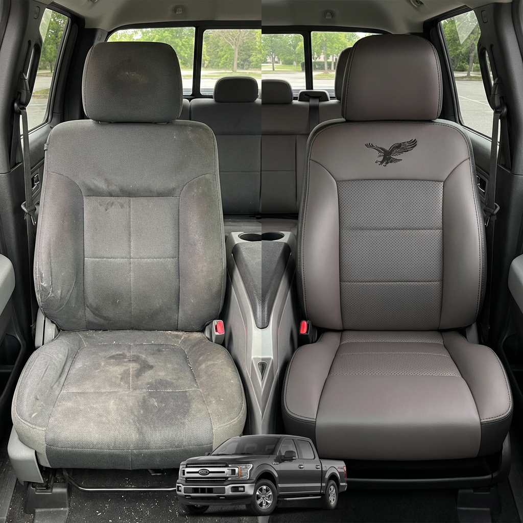 Before-and-after comparison of front seats, showing cloth seat upgraded to perforated leather upholstery.