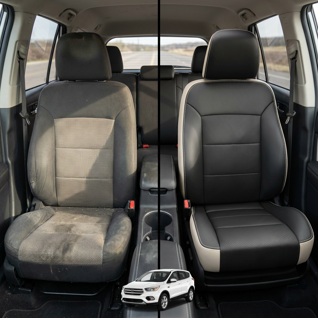 Before-and-after comparison of front seats, showing cloth seat upgraded to perforated leather upholstery.