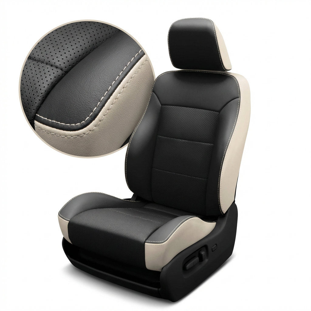 Black and beige car seat on a white background with lose up detailed stitching