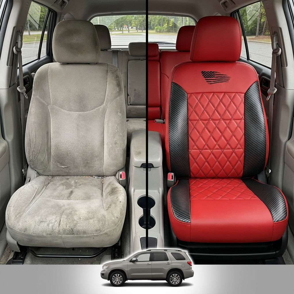 Before-and-after comparison of front seats, showing cloth seat upgraded to perforated leather upholstery.