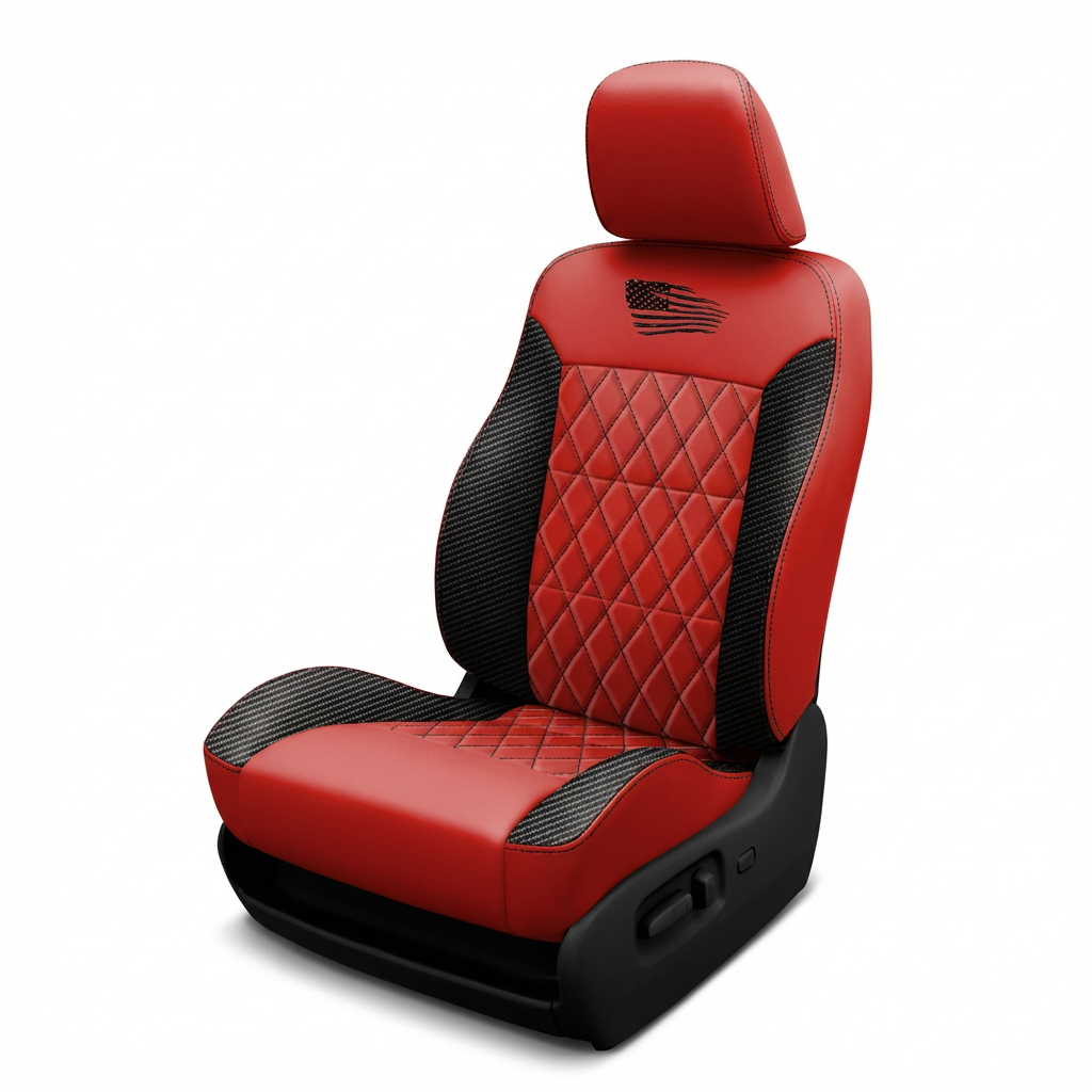 Red and black car seat cover with quilted design on a white background
