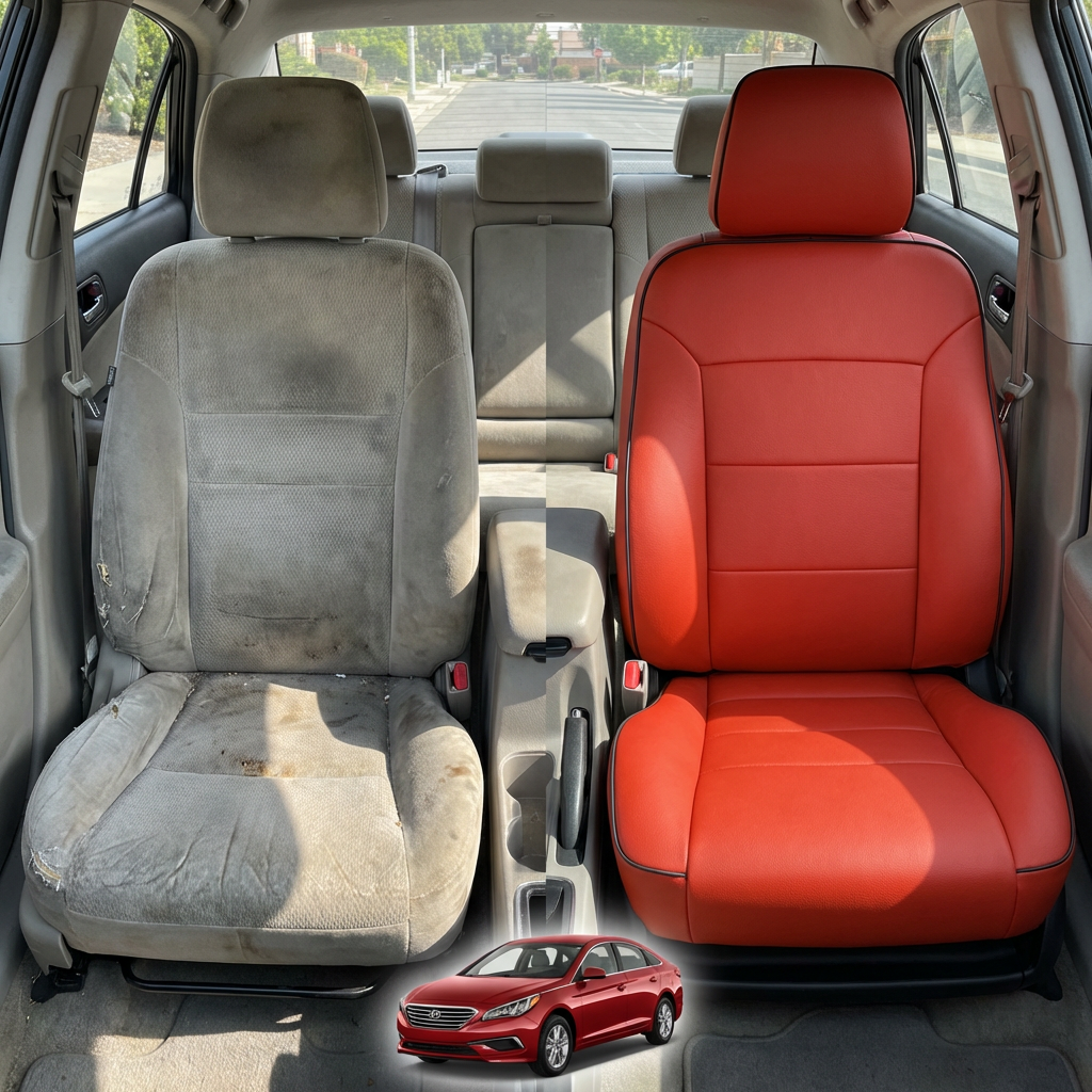 Before-and-after comparison of front seats, showing cloth seat upgraded to perforated leather upholstery.
