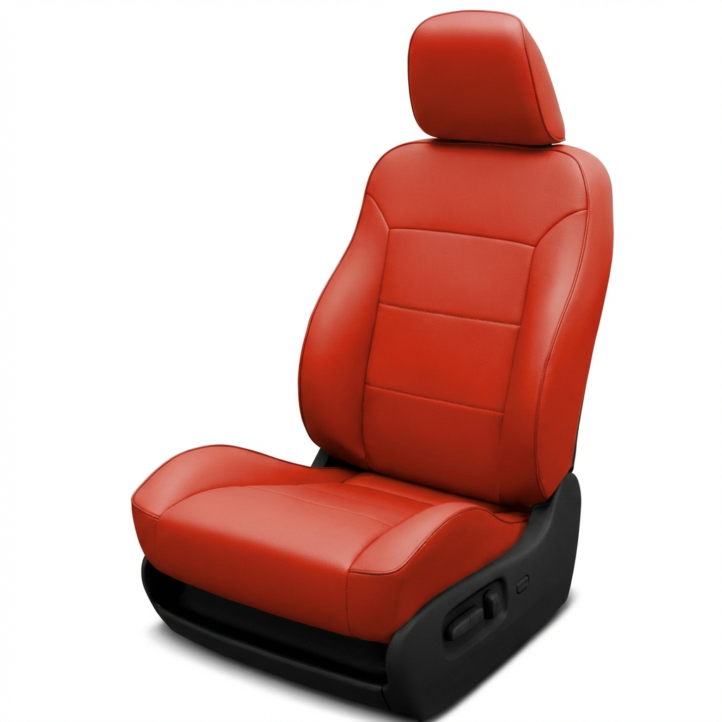 Red car seat with black base on a white background