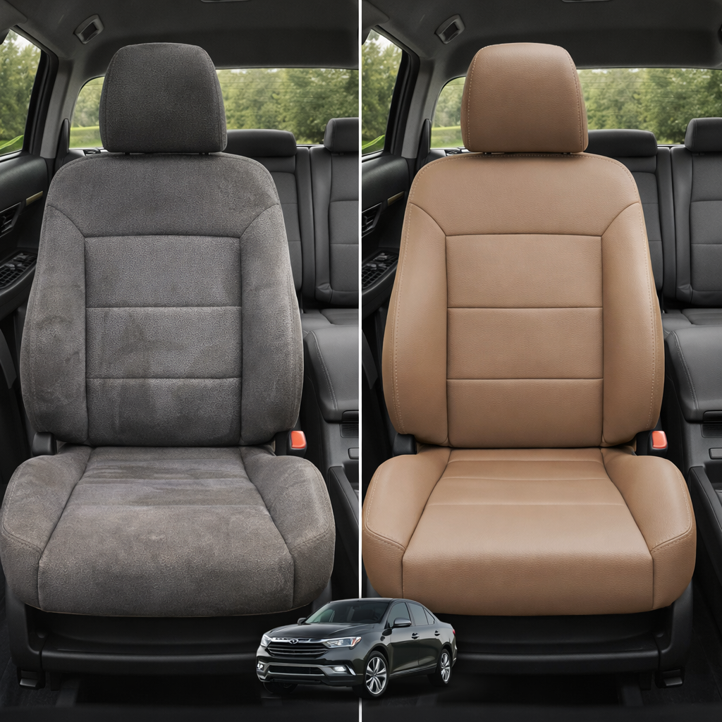 Before-and-after comparison of front seats, showing cloth seat upgraded to perforated leather upholstery.