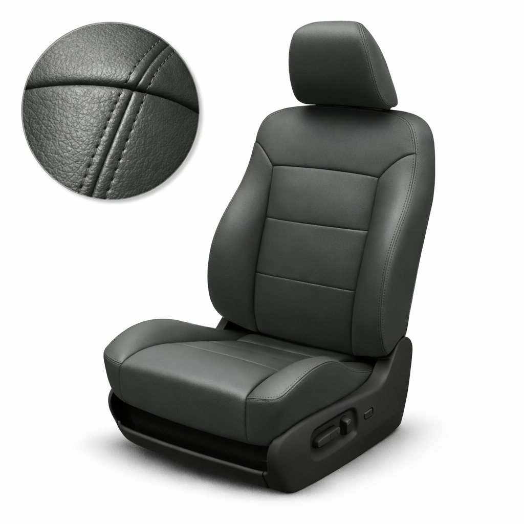 Gray car seat with close-up of leather texture on a white background