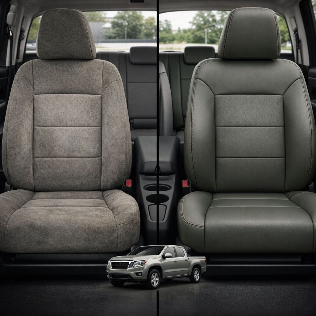 Before-and-after comparison of front seats, showing cloth seat upgraded to perforated leather upholstery.