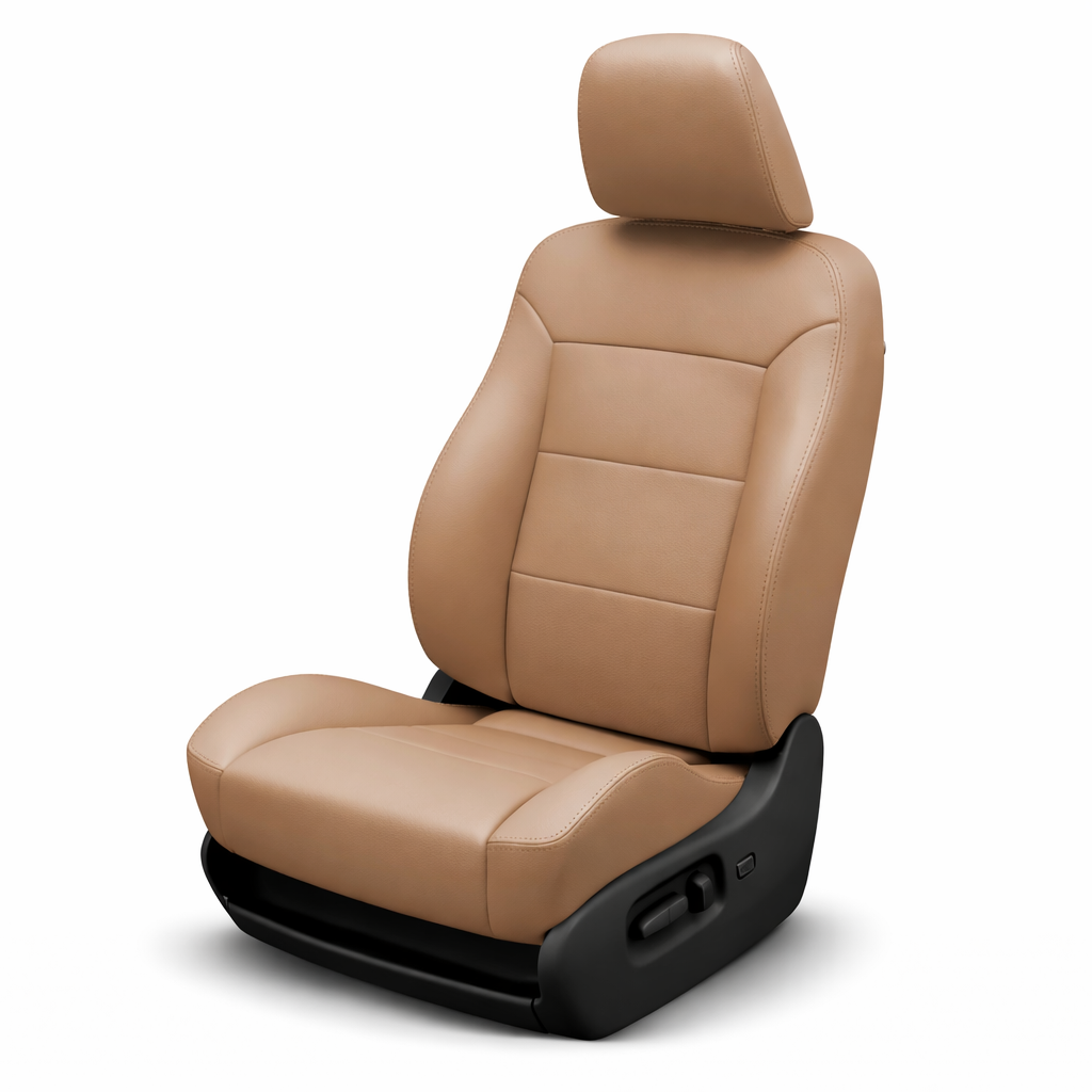 Tan car seat with black base on a white background