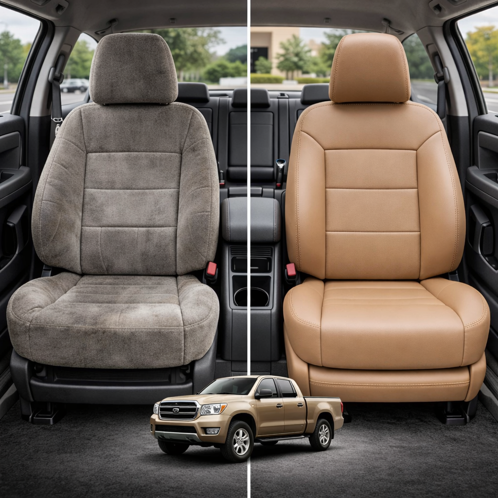Before-and-after comparison of front seats, showing cloth seat upgraded to perforated leather upholstery.