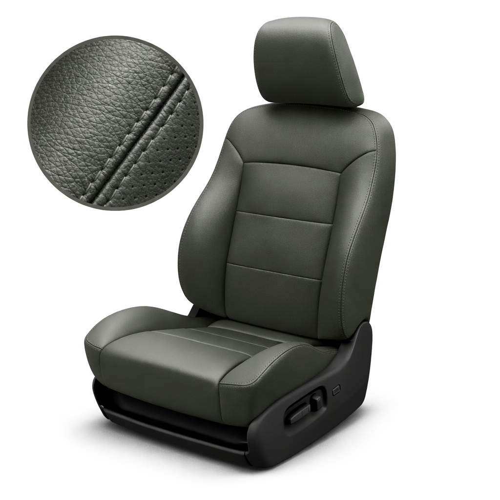 Gray car seat with detailed stitching on a white background