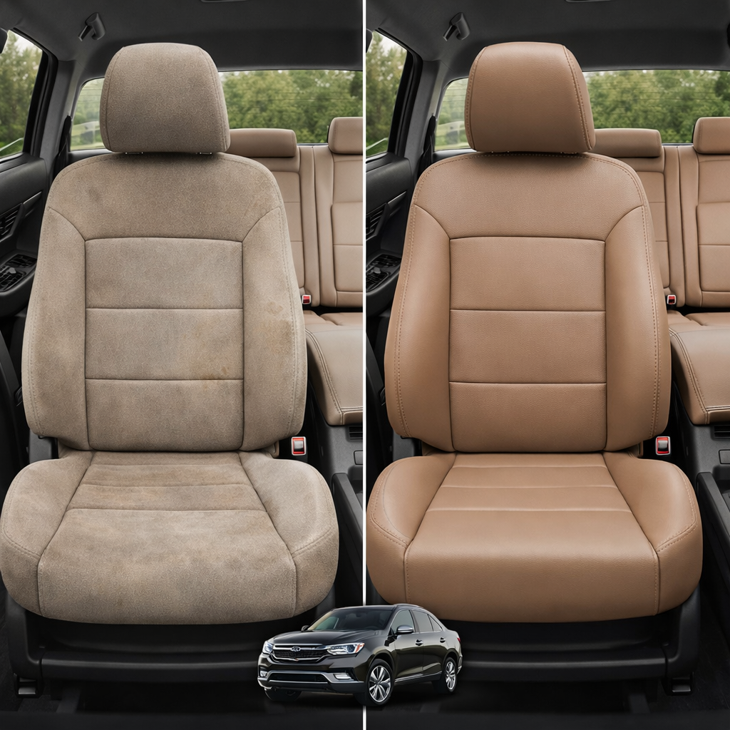 Before-and-after comparison of front seats, showing cloth seat upgraded to perforated leather upholstery.