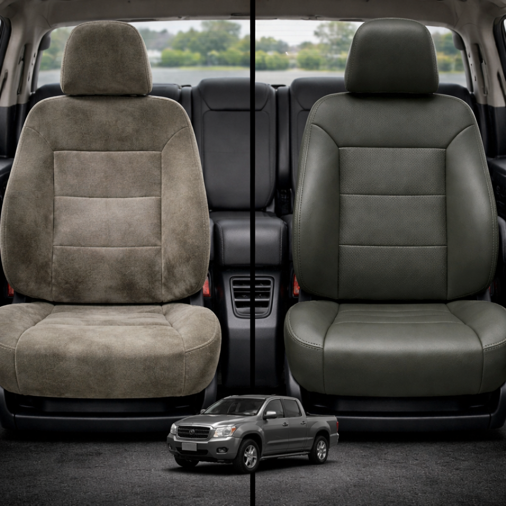Before-and-after comparison of front seats, showing cloth seat upgraded to perforated leather upholstery.