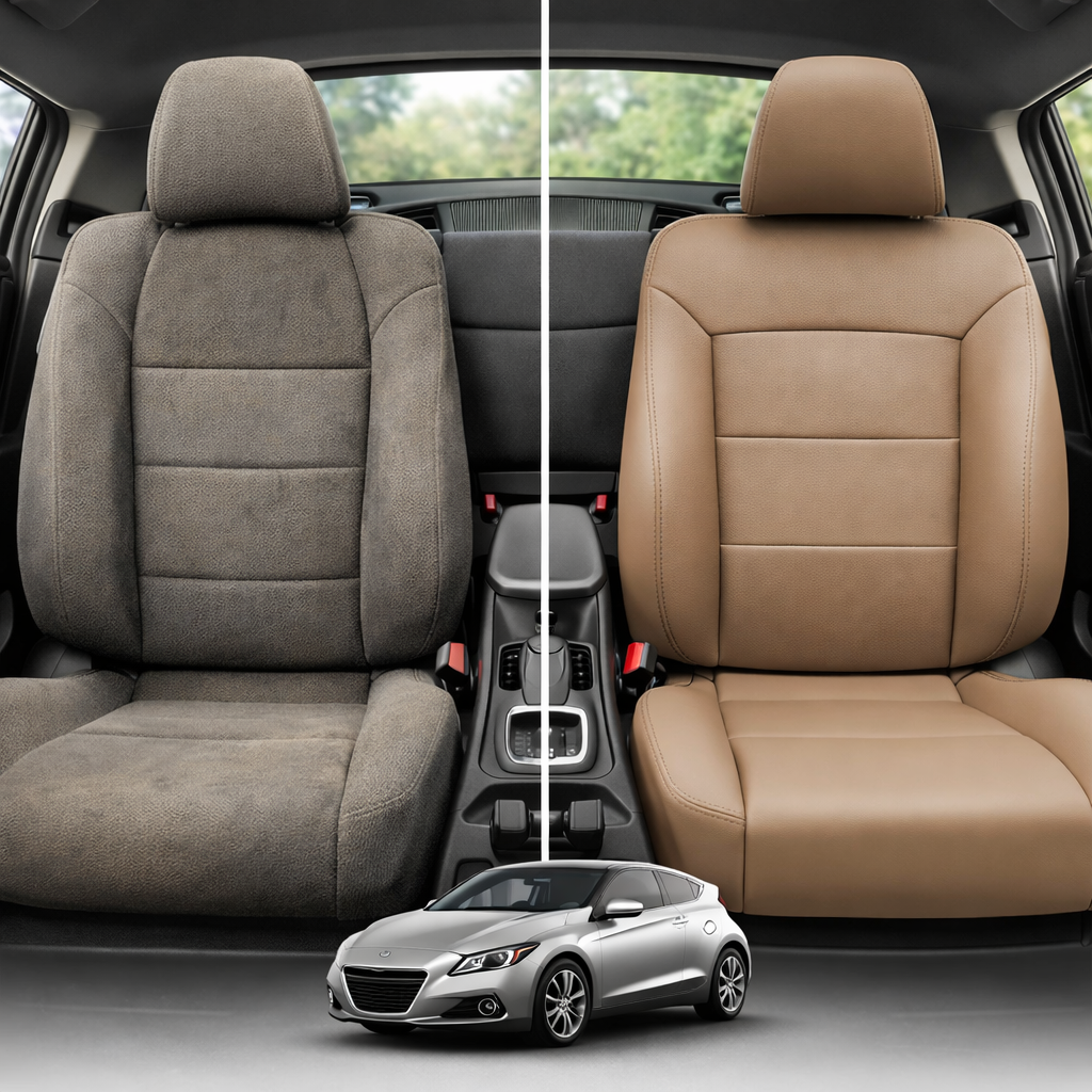 Before-and-after comparison of front seats, showing cloth seat upgraded to perforated leather upholstery.