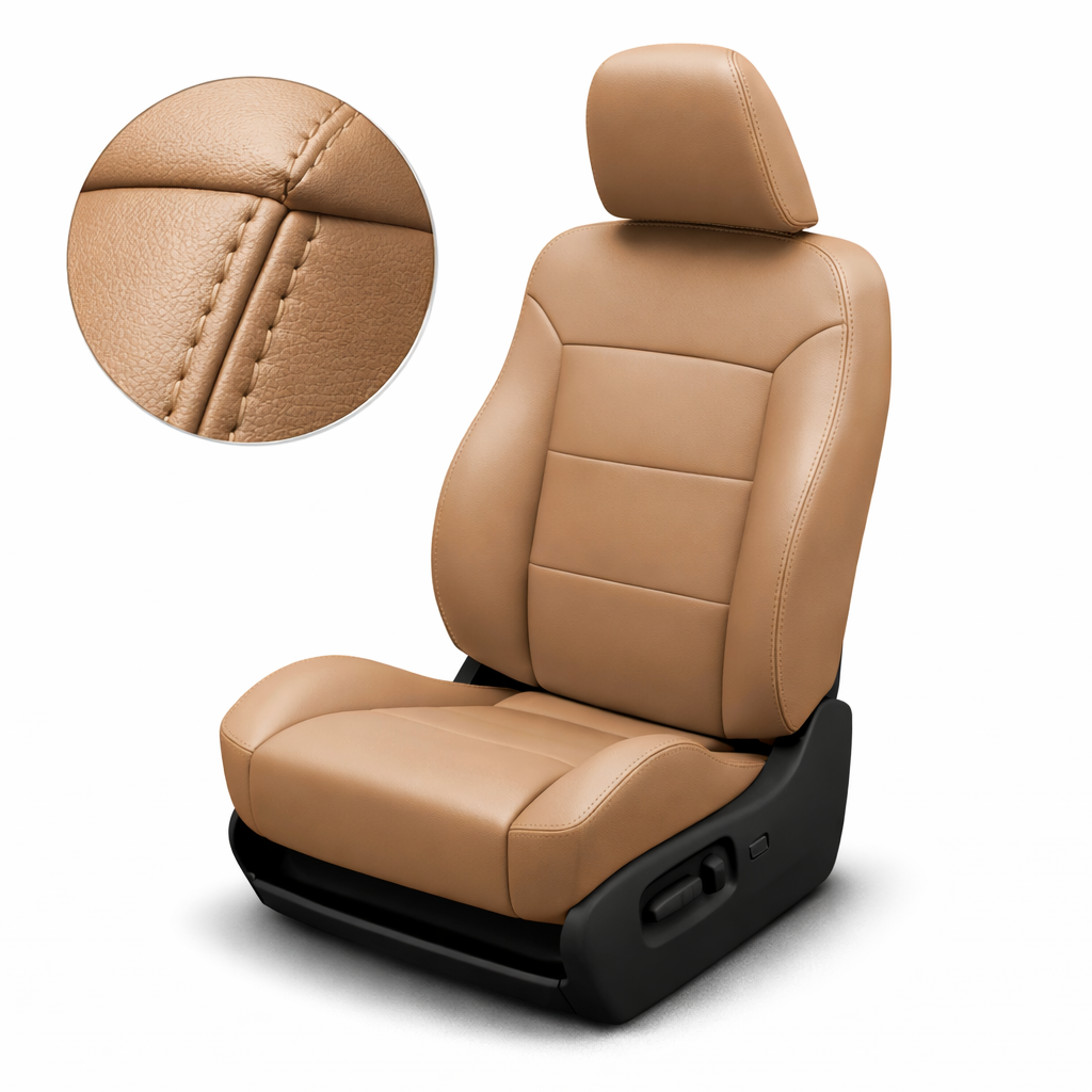 Tan leather car seat with close-up of stitching on a white background