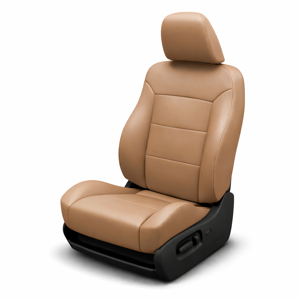 Tan leather car seat on a white background