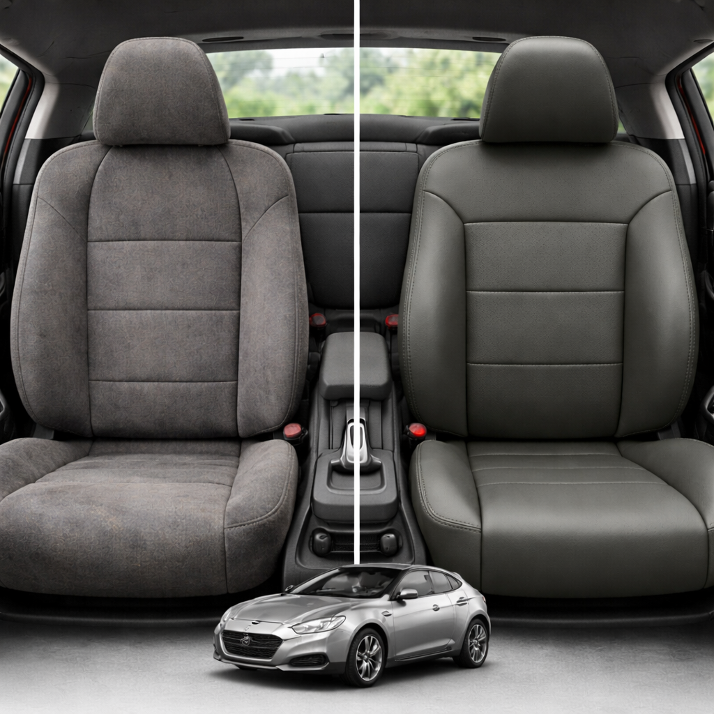 Before-and-after comparison of front seats, showing cloth seat upgraded to perforated leather upholstery.