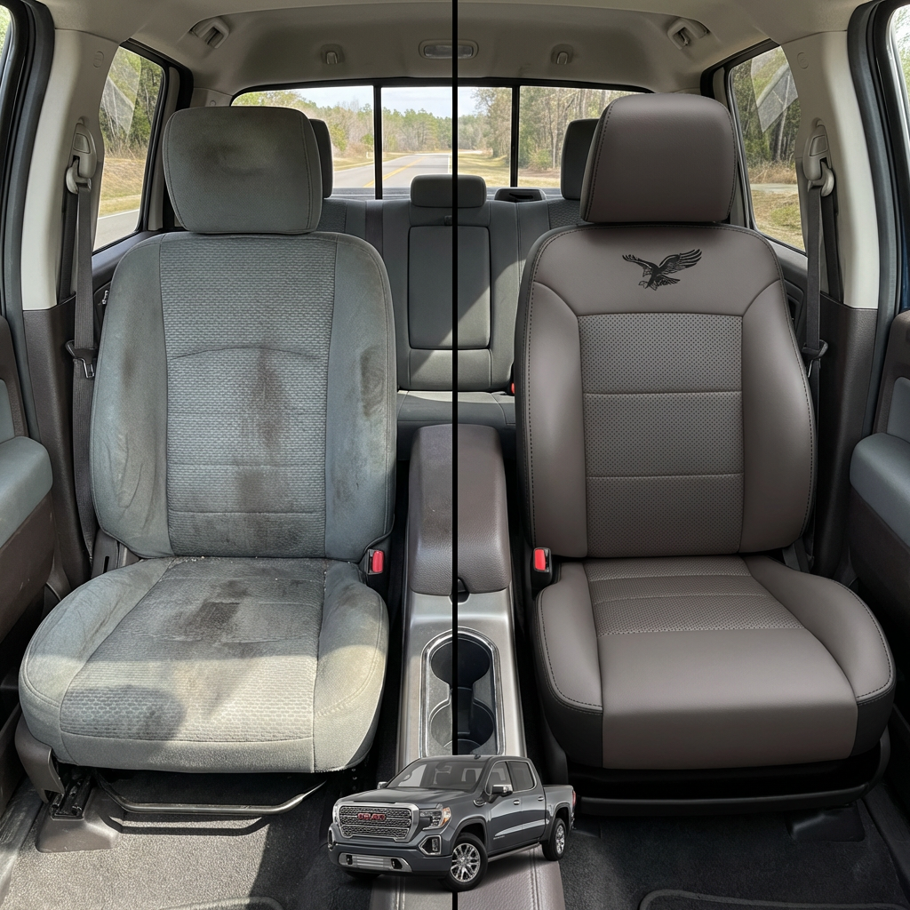 Before-and-after comparison of front seats, showing cloth seat upgraded to perforated leather upholstery.