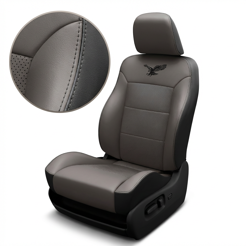 Gray car seat with detailed stitching and an eagle emblem on a white background