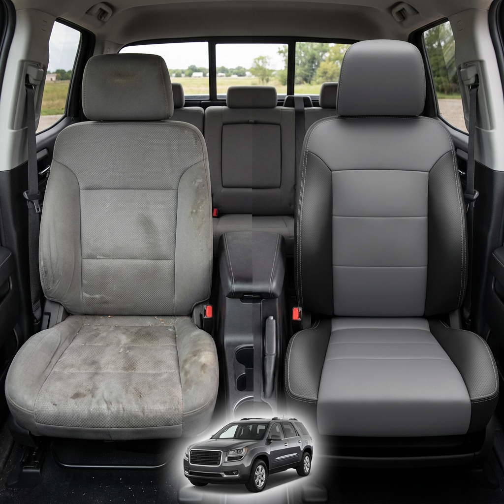 Before-and-after comparison of front seats, showing cloth seat upgraded to perforated leather upholstery.