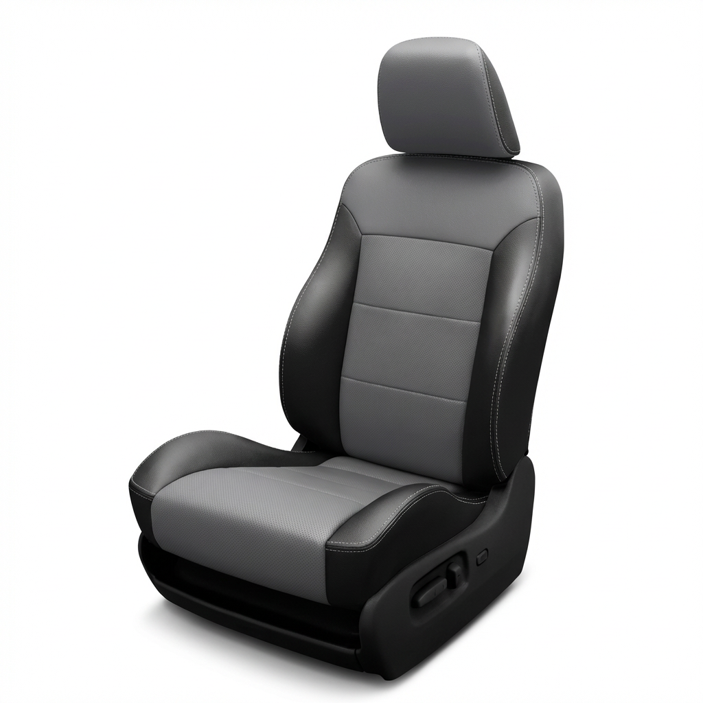Gray car seat with black accents on a white background
