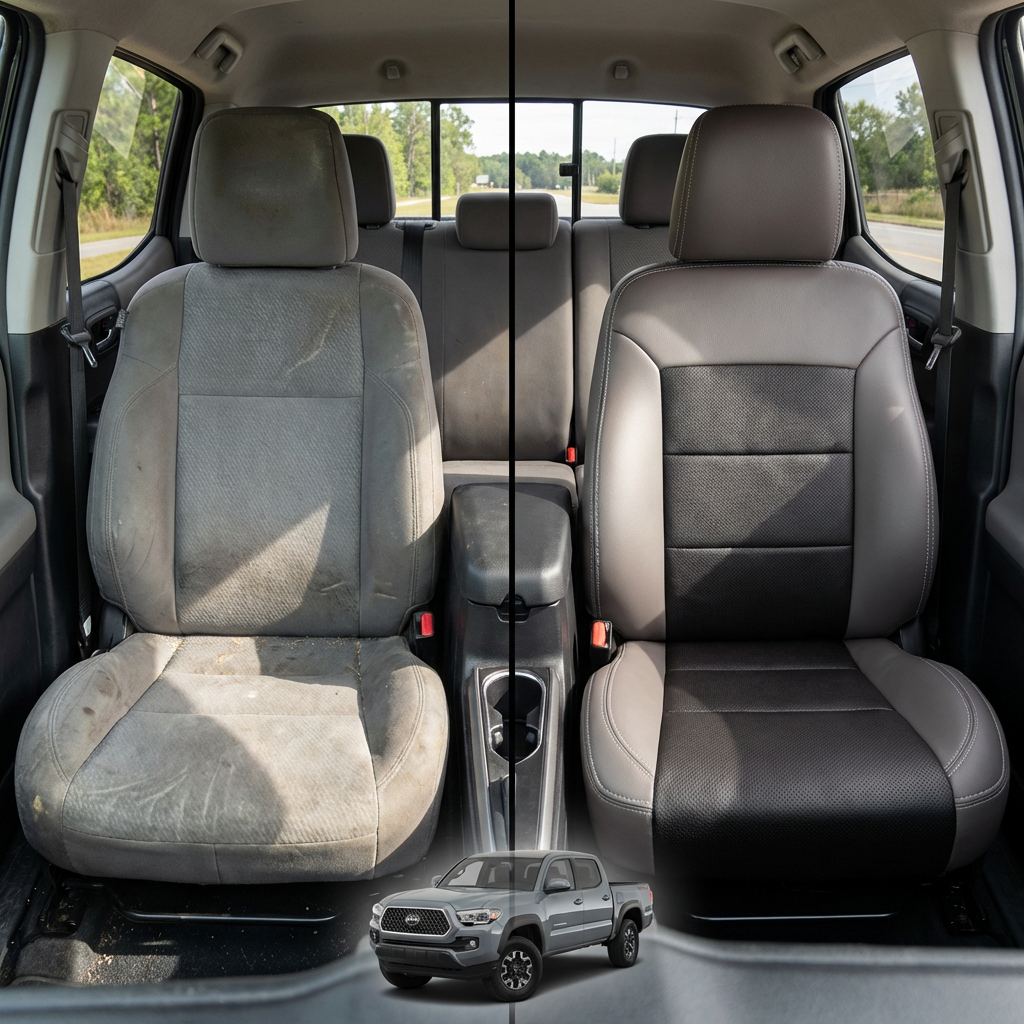 Before-and-after comparison of front seats, showing cloth seat upgraded to perforated leather upholstery.