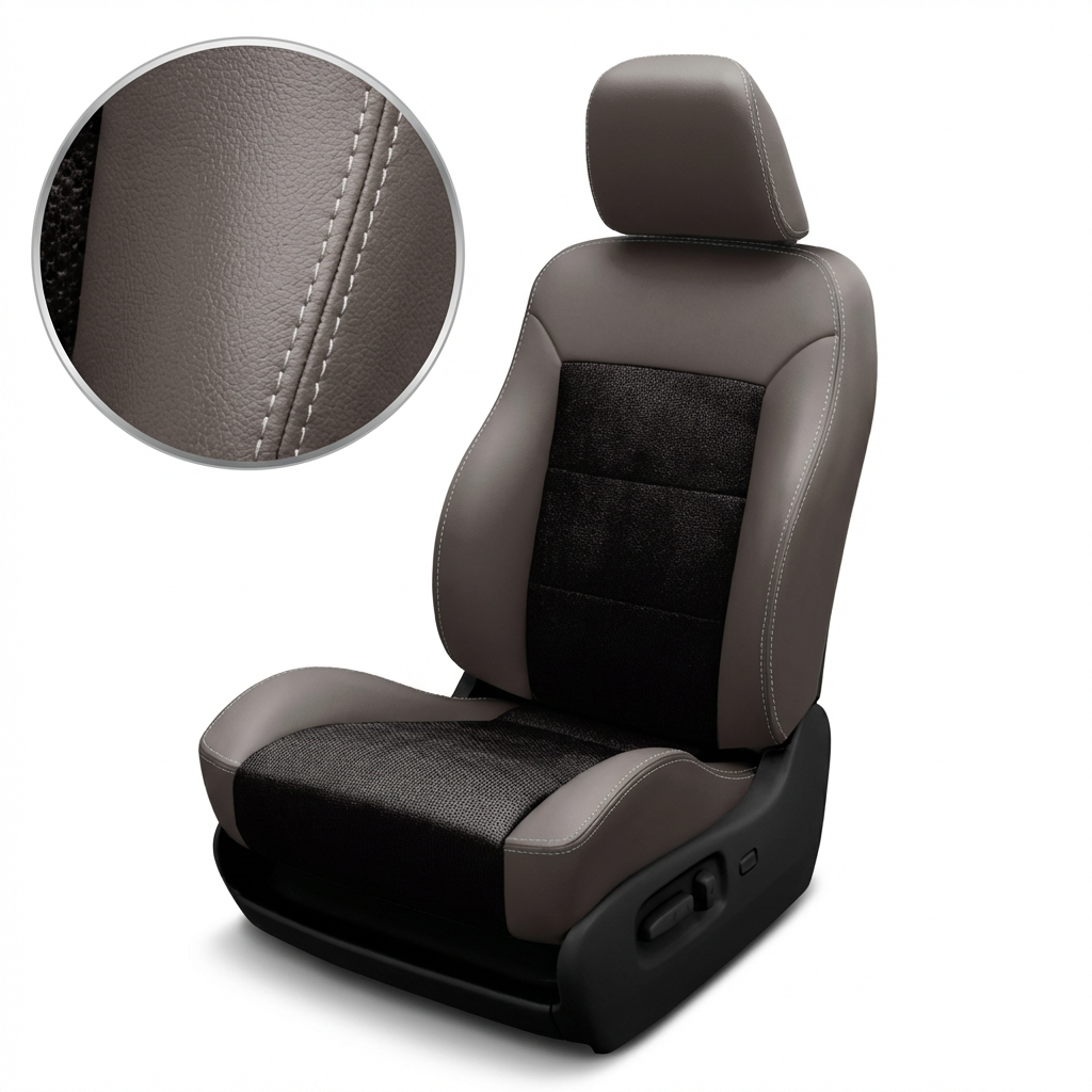 Light Grey wrap car seat with headrest and detailed closed up stitching on a white background