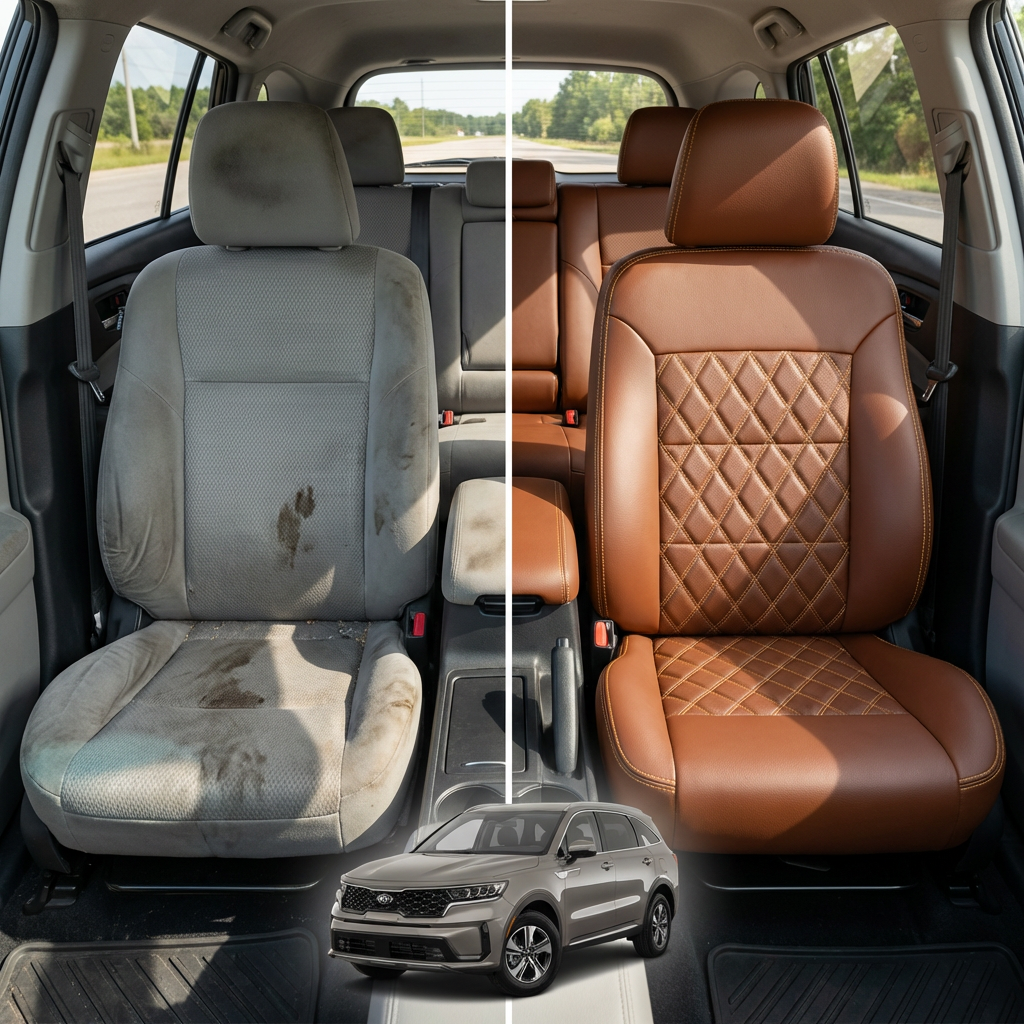 Before-and-after comparison of front seats, showing cloth seat upgraded to perforated leather upholstery.