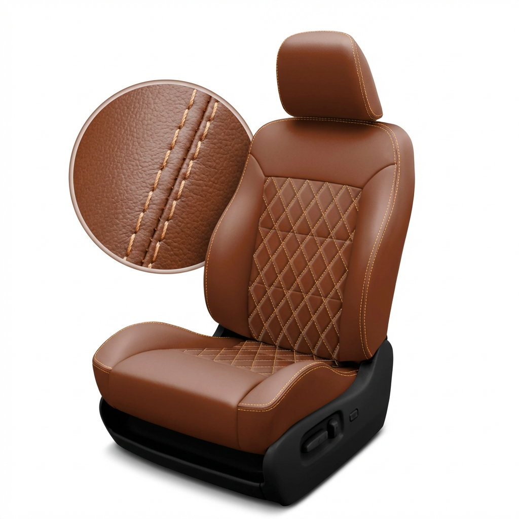Mahogany Gold car seat with headrest and detailed closed up stitching on a white background