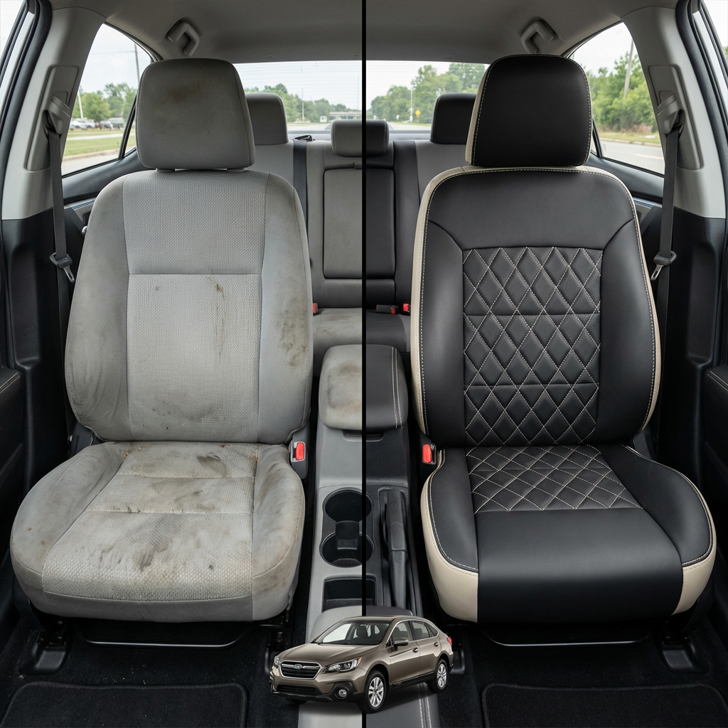 Before-and-after comparison of front seats, showing cloth seat upgraded to perforated leather upholstery.