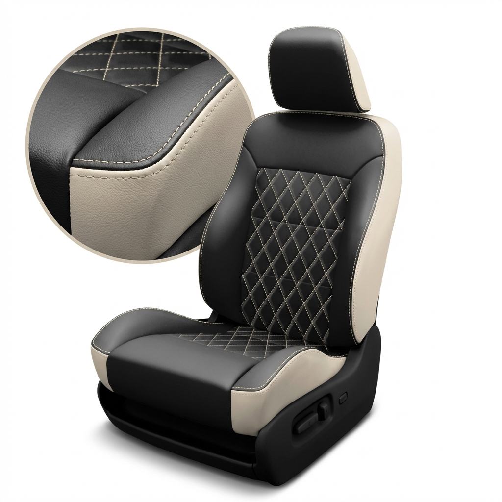 Car seat cover with black and beige diamond pattern on a white background