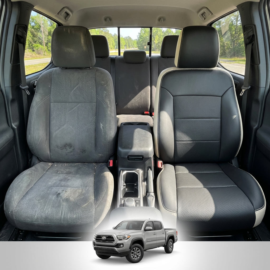 Before-and-after comparison of front seats, showing cloth seat upgraded to perforated leather upholstery.